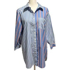 Lands End Size 12 Button Up Tunic Top Shirt Stripes No Iron Supima Cotton